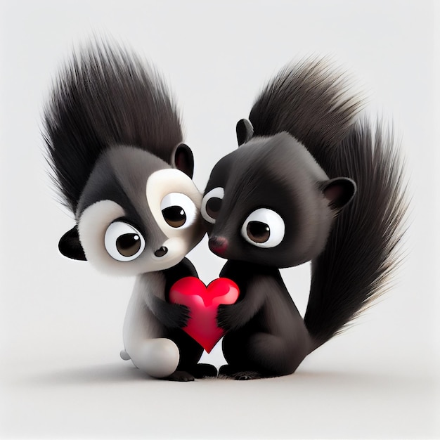 Cute skunk couple in love with hearts 3d render illustration