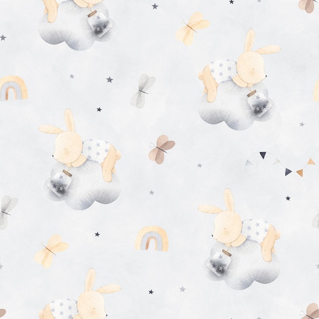 Cute sleeping bunny The rabbit sleeps on a cloud among the stars Beautiful pattern