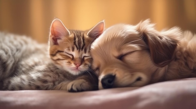 Cute sleeping cat and dog Illustration AI Generative