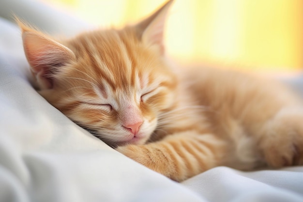 Cute sleeping ginger kitten on white bad