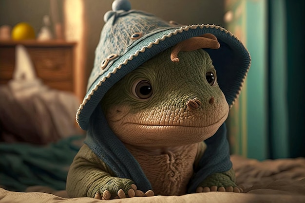 Cute sleepy dinosaur in hat big innocent eyes