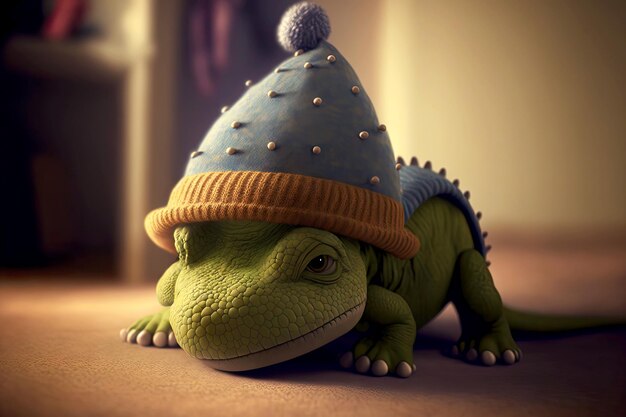 Cute sleepy dinosaur in hat with ears down