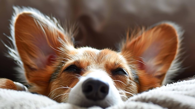 長い茶色の毛皮と尖った耳を持つかわいい眠い犬が柔らかい白い毛布の上に横たわっている