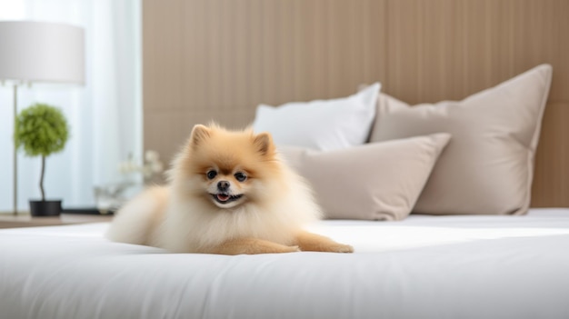 Cute sleepy pomeranian dog lying on bed picture AI Generated art