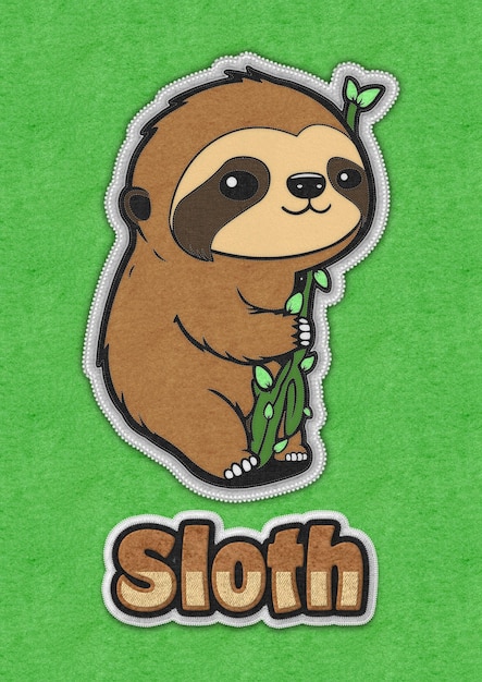 Photo cute sloth cartoon illustration in felt fabric style baby wild animal