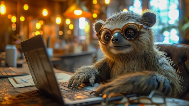 Cute sloth in eyeglasses with laptop on the table