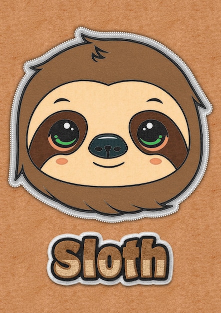 Photo cute sloth face cartoon illustration in felt fabric style baby wild animal