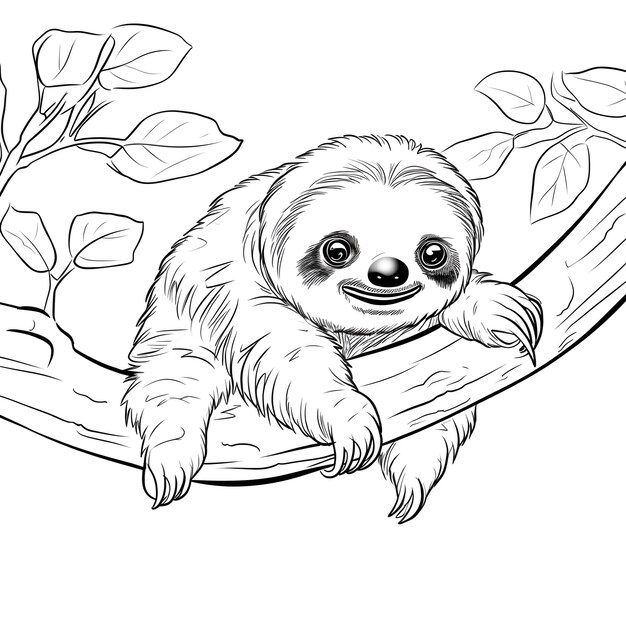 Photo cute sloth hanging on a tree branch coloring book page for kids sloth kids coloring book pages
