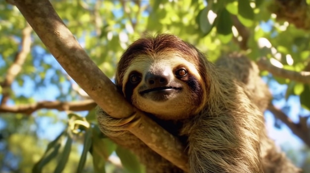 Cute sloth hanging on tree branch with funny face look perfect portrait of wild animal in the rainf