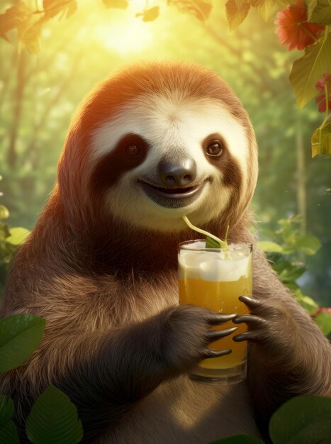 A cute sloth holding a glass of juice in the summer woods