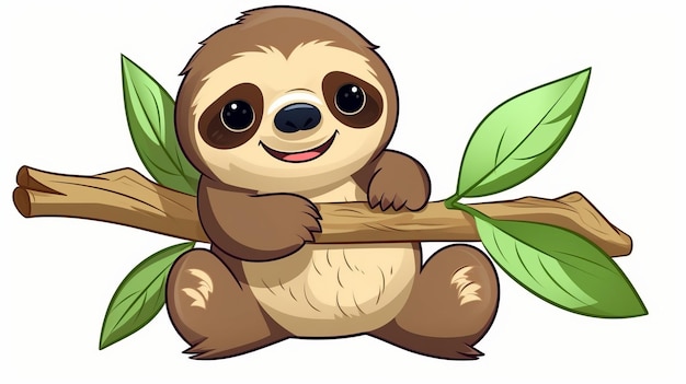 Cute sloth holding wood branch tree cartoon vector icon illustration animal nature icon isolated