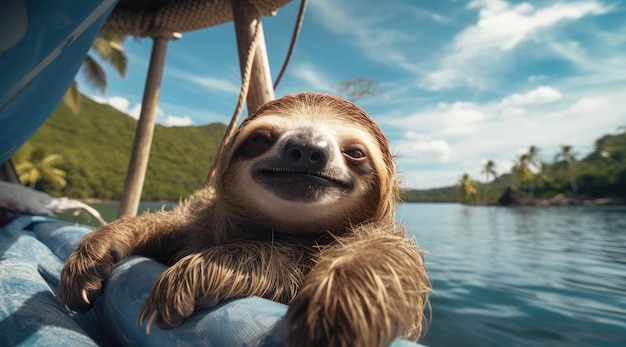 A cute sloth lies in a hammock on the beach