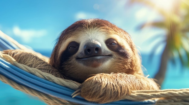 A cute sloth lies in a hammock on the beach