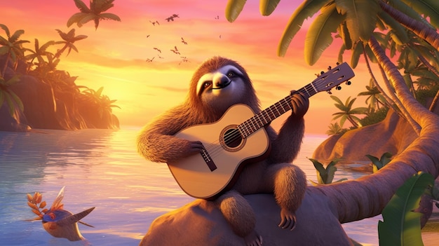 A cute sloth sits in the sunset and plays guitar ai image