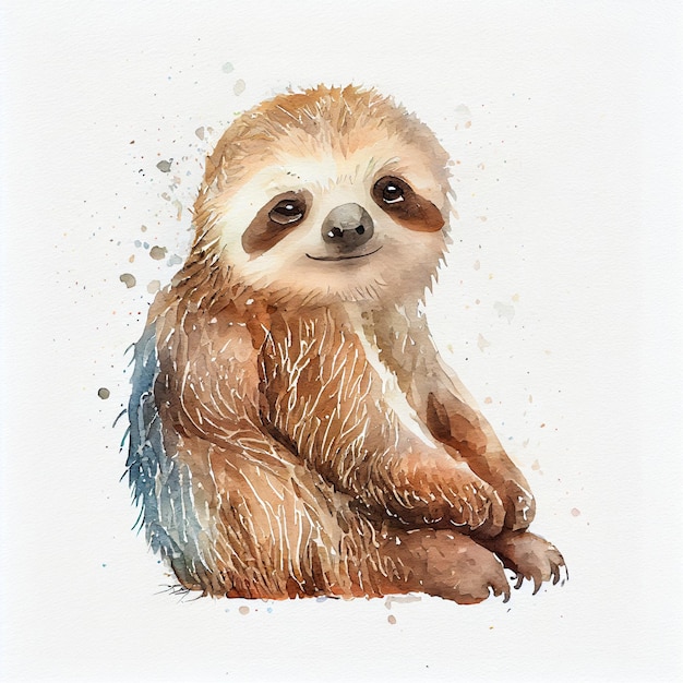 Cute sloth watercolor portrait for kid on white background