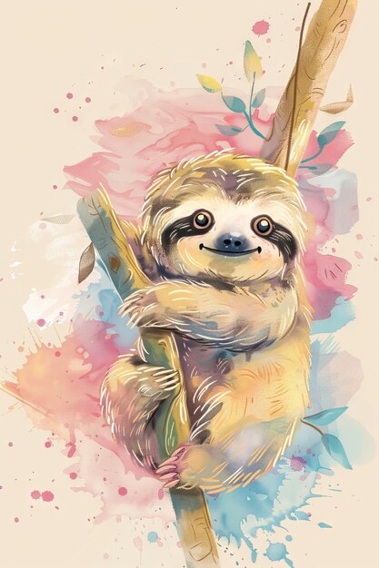 Photo cute sloth with nature background children illustration