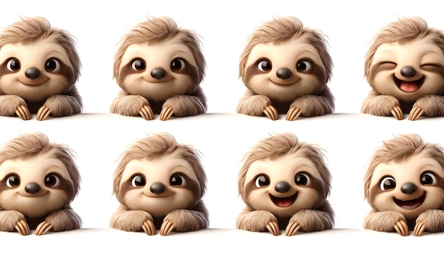 cute sloths in different poses and expressions happy curious sleepy excited against a white bac