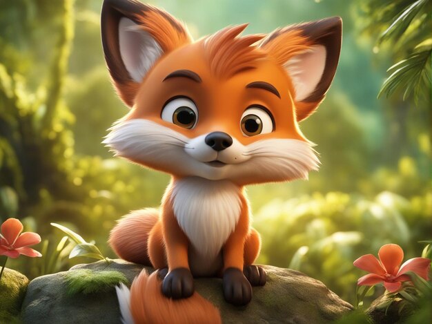 A cute small 3d fox cartoon isolated on blurred jungle background