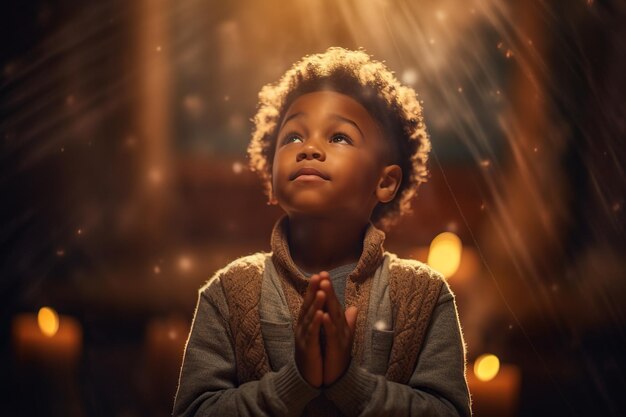 Photo cute small african american boy praying in the church and jesus giving blessing