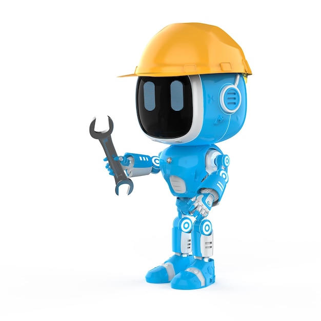 Cute and small artificial intelligence assistant robot with wear yellow helmet and tool