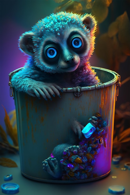 Cute small blue lemur in trash