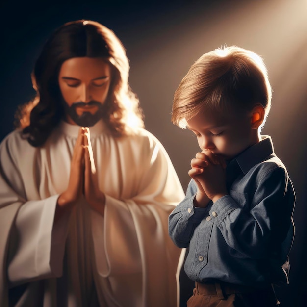 教会で祈っている可愛い小さな男の子とイエスが祝福を与えている