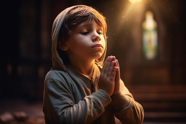 Cute small boy praying in the church and Jesus giving blessing cinematic effect