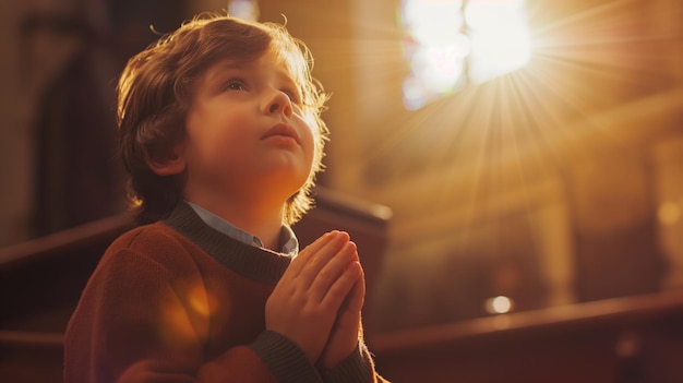 Foto un ragazzino carino che prega in chiesa.