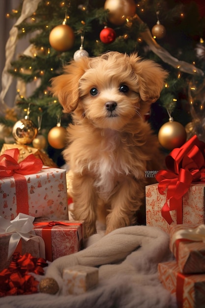 Cute small dog Christmas tree presents