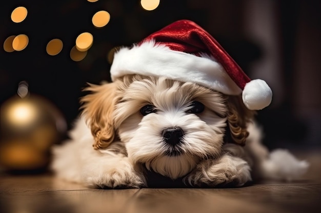 Cute small dog in a festive mood wearing a Santa hat and lying on the floor Generative AI