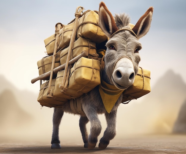 A cute small donkey carrying a heavy load illustration