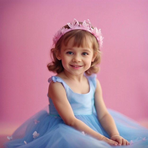 A cute small girl in pink and blue princess dress