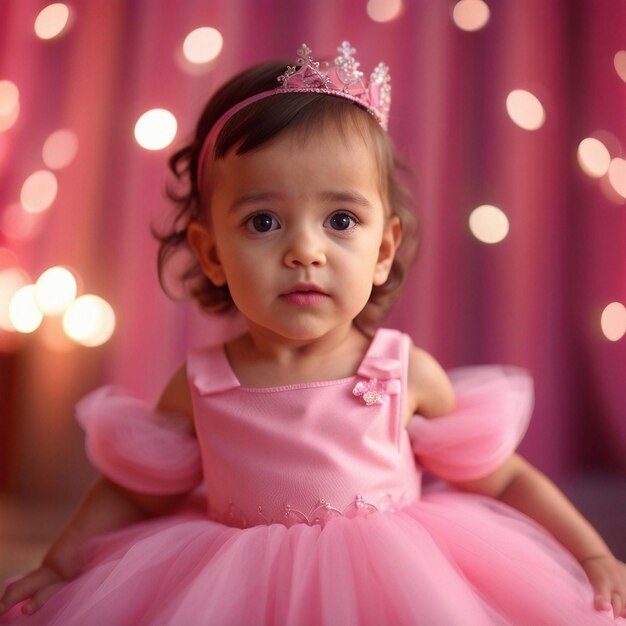 A cute small girl in pink princess dress