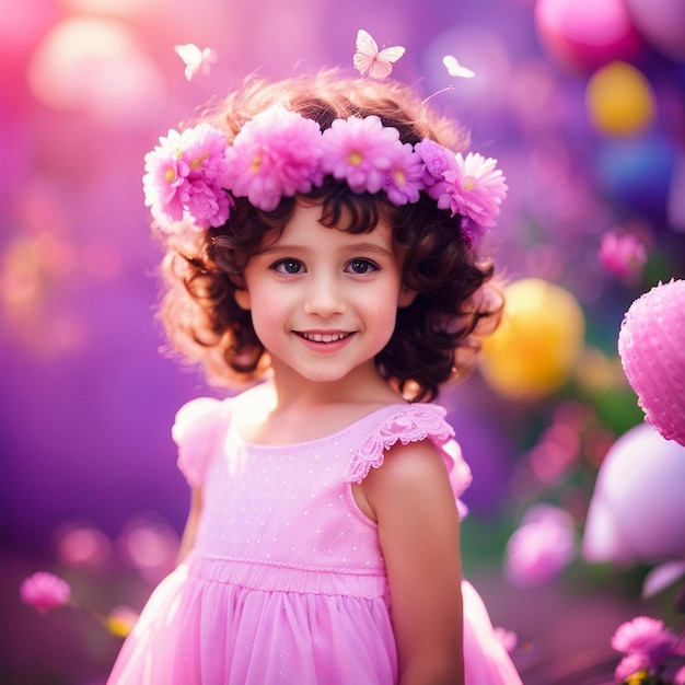 A cute small girl in pink princess dress