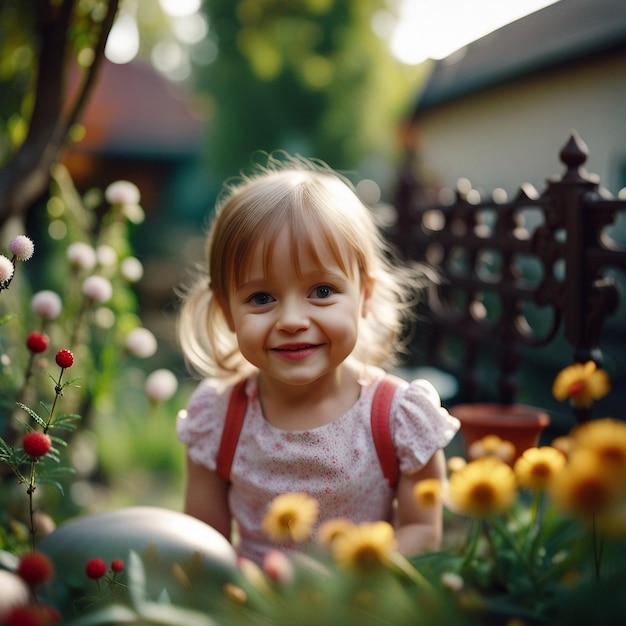 A cute small girl playing in garden