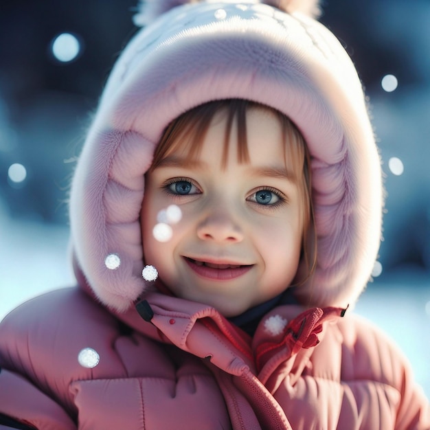 A cute small girl playing in snow