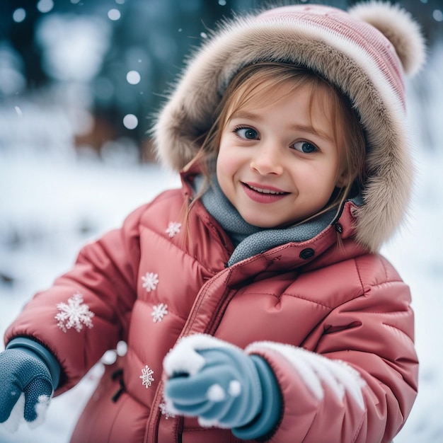 A cute small girl playing in snow