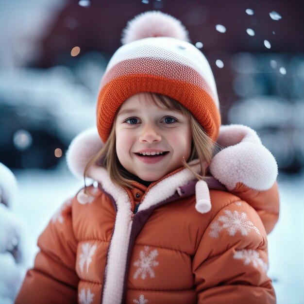 A cute small girl playing in snow