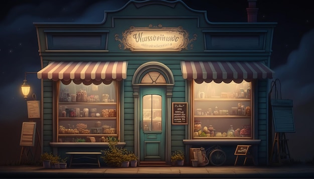 A cute and small grocery store in the neighborhood, at night.. AI generative.