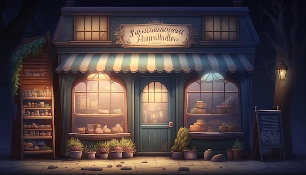 A cute and small grocery store in the neighborhood, at night.. AI generative.