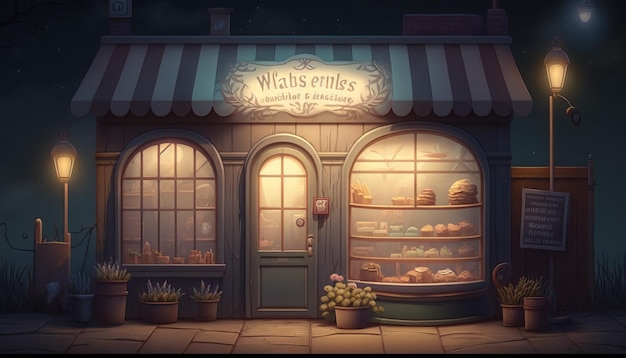 A cute and small grocery store in the neighborhood, at night.. AI generative.