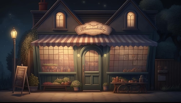 A cute and small grocery store in the neighborhood, at night.. AI generative.