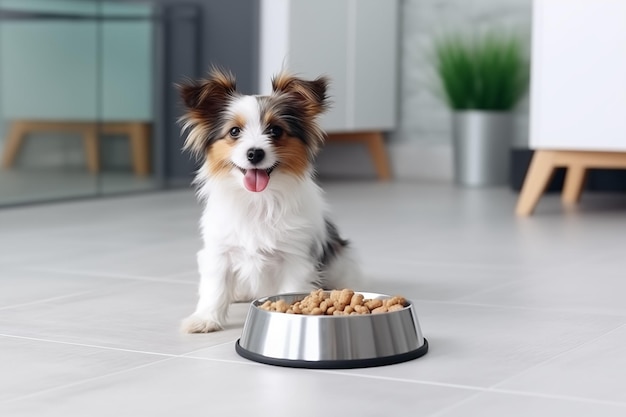 Cute small happy dog near pet food in pets bowl at home Healthy food for pets Dietary balanced food
