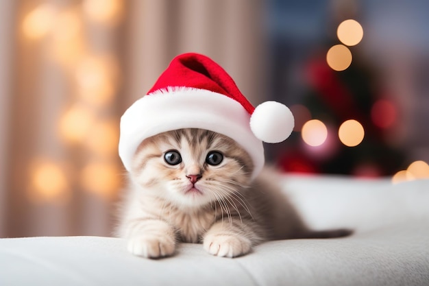 Cute small kitten wearing red santas hat indoors copy space