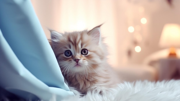 cute small kitten with fluffy fur looking at camera curio