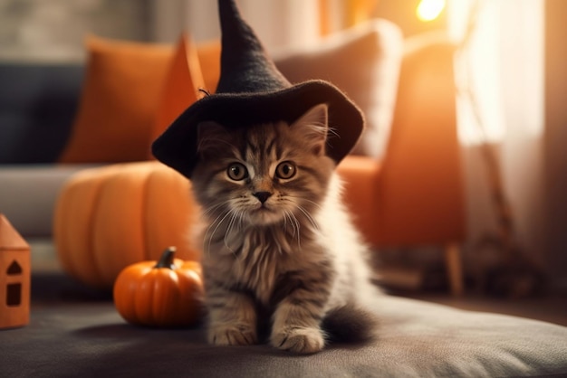 Cute small kitty wearing a witch hat for Halloween at home Generative AI content