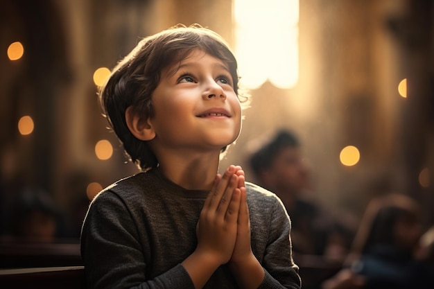 Cute small Latin boy praying in the church and Jesus giving blessing