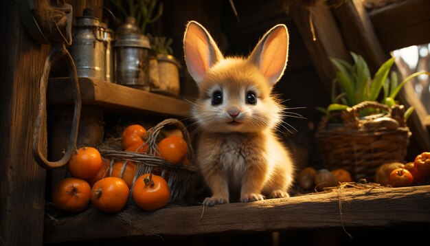 Photo cute small pets fluffy rabbits sitting outdoors celebrating halloween generated by artificial intelligence