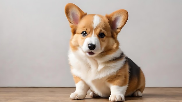 Cute small puppy of corgi dog calmly posing isolated over white studio background looks happy