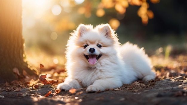 cute small puppy sitting outdoors fluffy fur playful